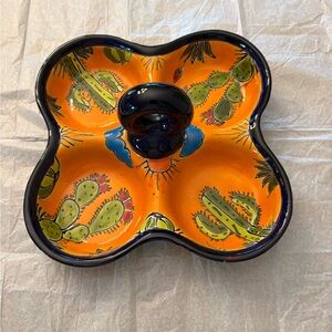 Talavera Mexican Pottery 9.5” Divided Taco Server Snack Tray Plate Dish w Handle